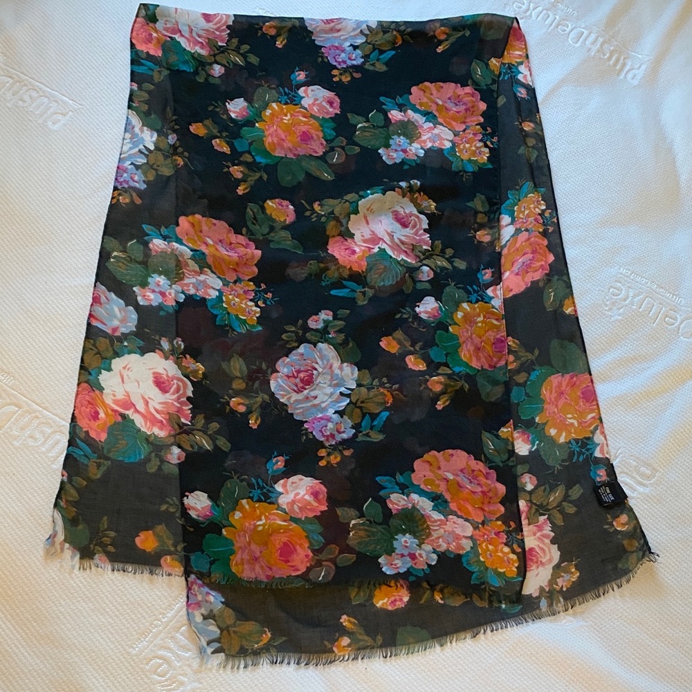 Floral Scarf with Coral, white, teal and Green Accents